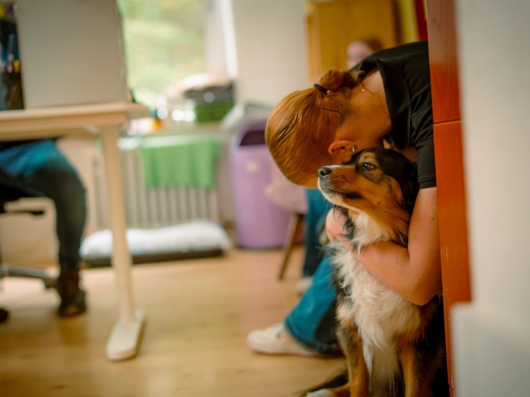 Eine Frau mit roten Haaren lehnt an einer Wand und umarmt zärtlich einen braun-weißen Hund, der zu ihr aufblickt. Im unscharfen Hintergrund ist ein Büroarbeitsplatz zu erkennen.